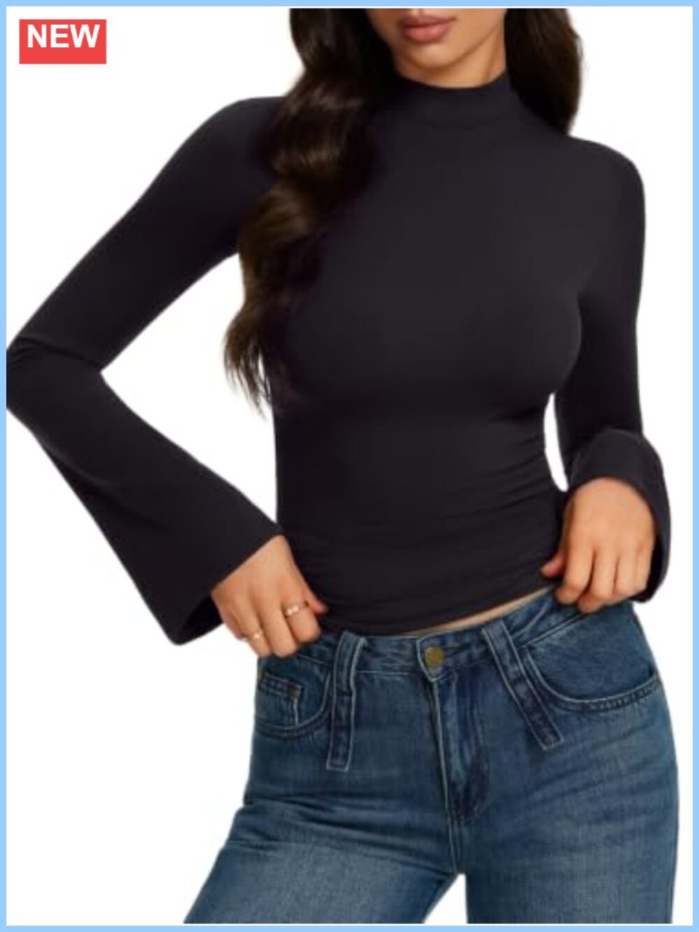 Women's Mock Neck Long Sleeve Slim Fit Stretch Bell Sleeve Top